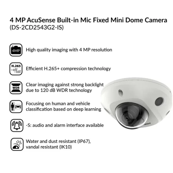 4MP AcuSense Built-in Mic Fixed Mini Dome Network Camera | DS-2CD2543G2-IS - Image 4