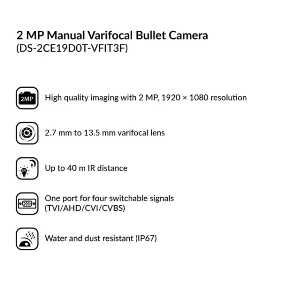 2MP Manual Varifocal Bullet Camera | DS-2CE19D0T-VFIT3F(C) - Image 3