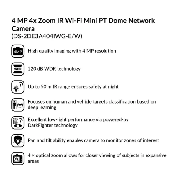 4MP 4x Zoom IR Wi-Fi Mini PT Dome Network Camera | DS-2DE3A404IWG-E/W - Image 2