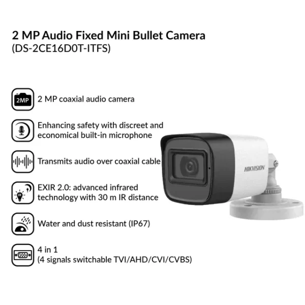 2MP Audio Fixed Mini Bullet Camera | DS-2CE16D0T-ITFS - Image 3