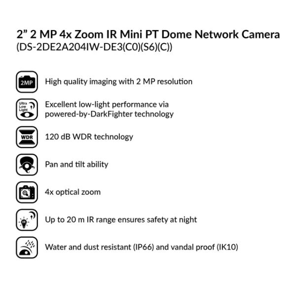 2-inch 2MP 4x Zoom IR Mini PT Dome Network Camera | DS-2DE2A204IW-DE3(C0)(S6)(C) - Image 3