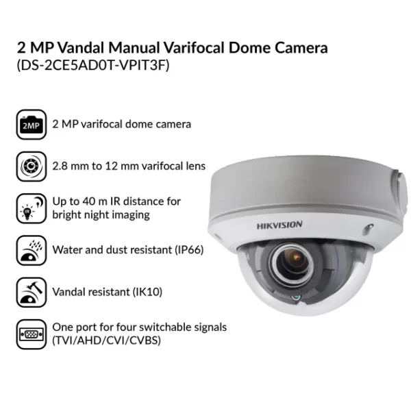 2MP Vandal Manual Varifocal Dome Camera | DS-2CE5AD0T-VPIT3F - Image 4
