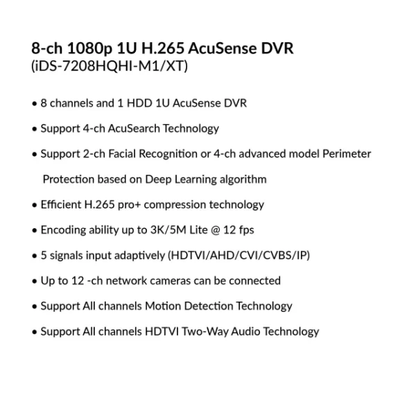 8-ch 1080p 1U H.265 AcuSense DVR | iDS-7208HQHI-M1/XT - Image 3